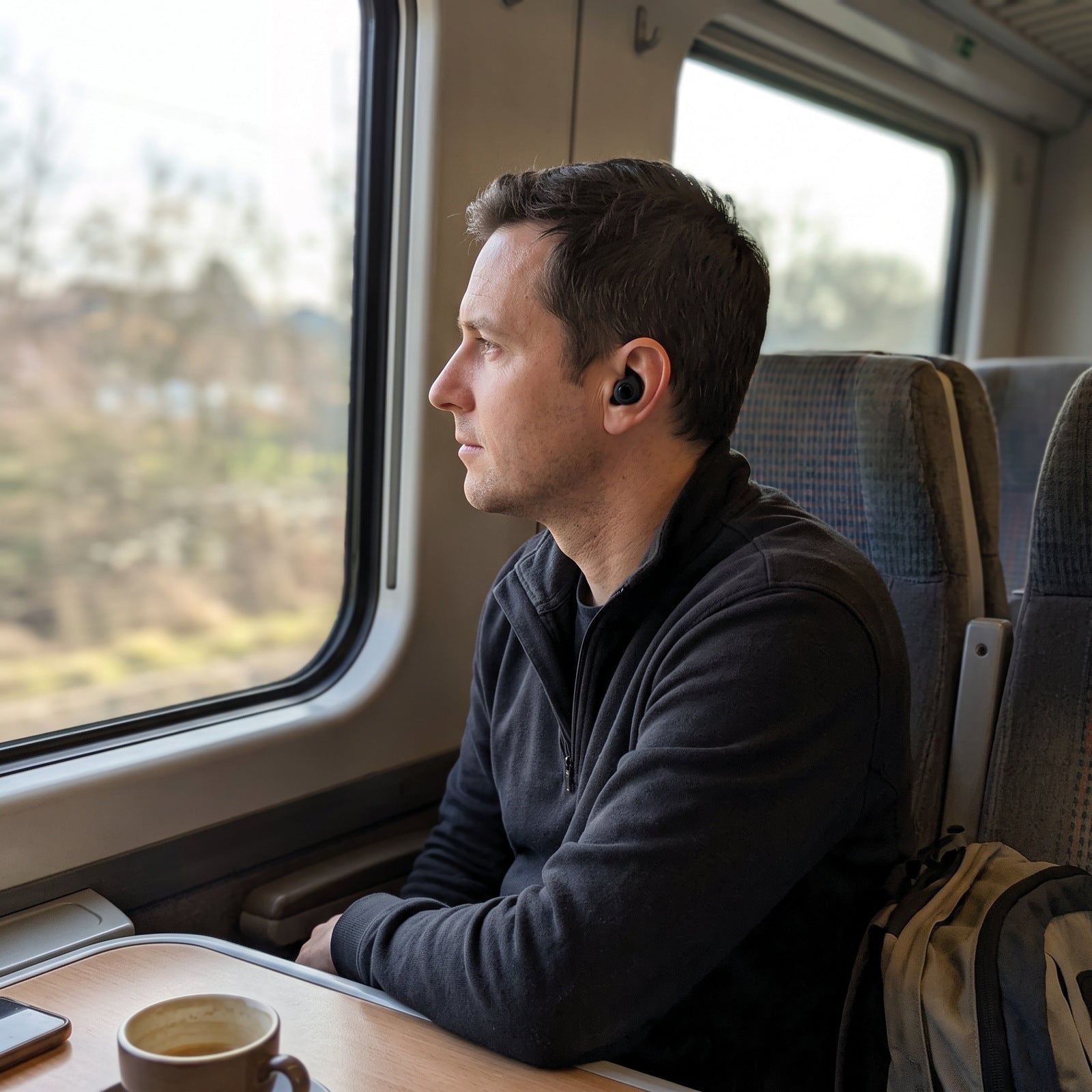 Man wearing Blue Stillday earplugs beside a train window
