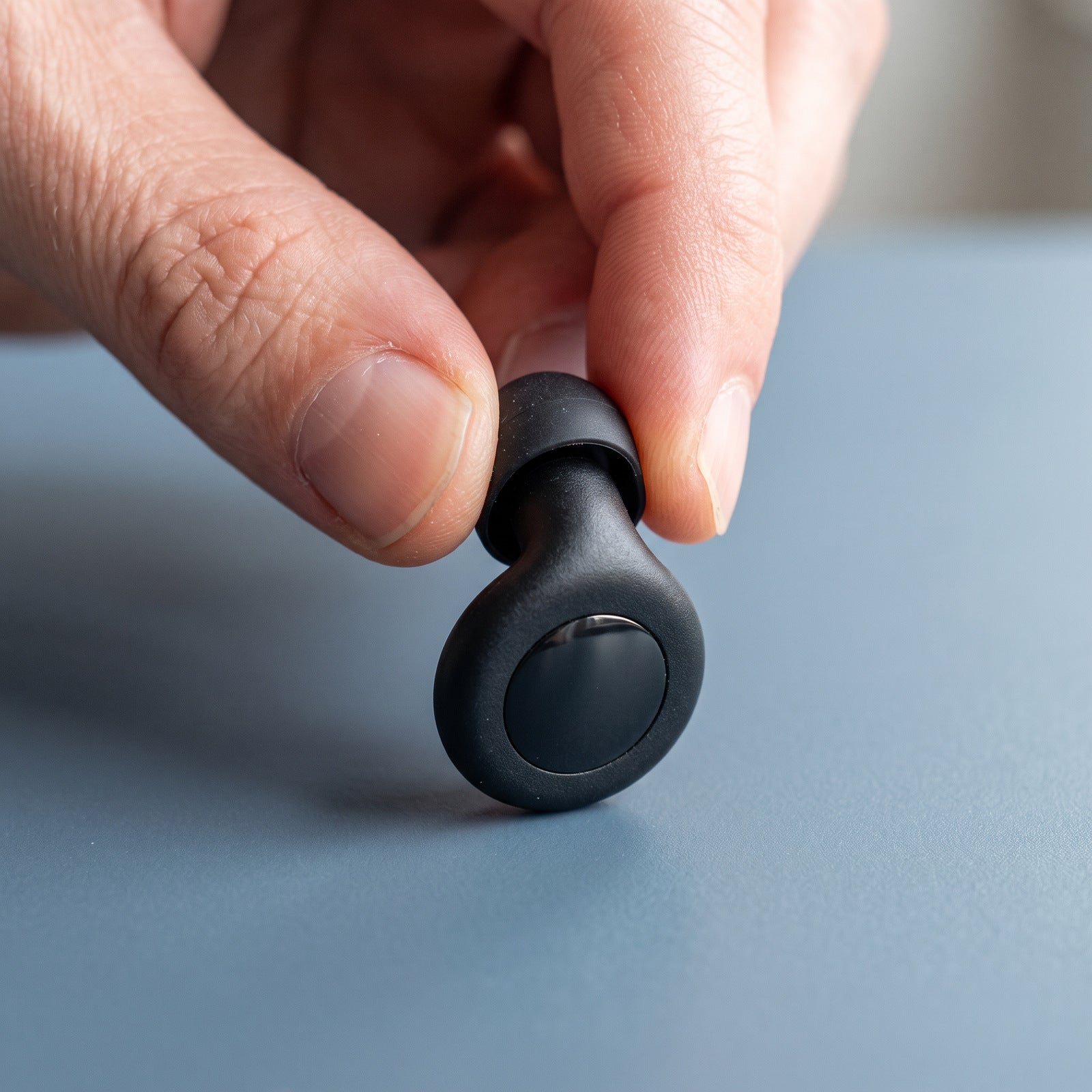 Fingers gently pressing the soft tip of a Black Stillday earplug