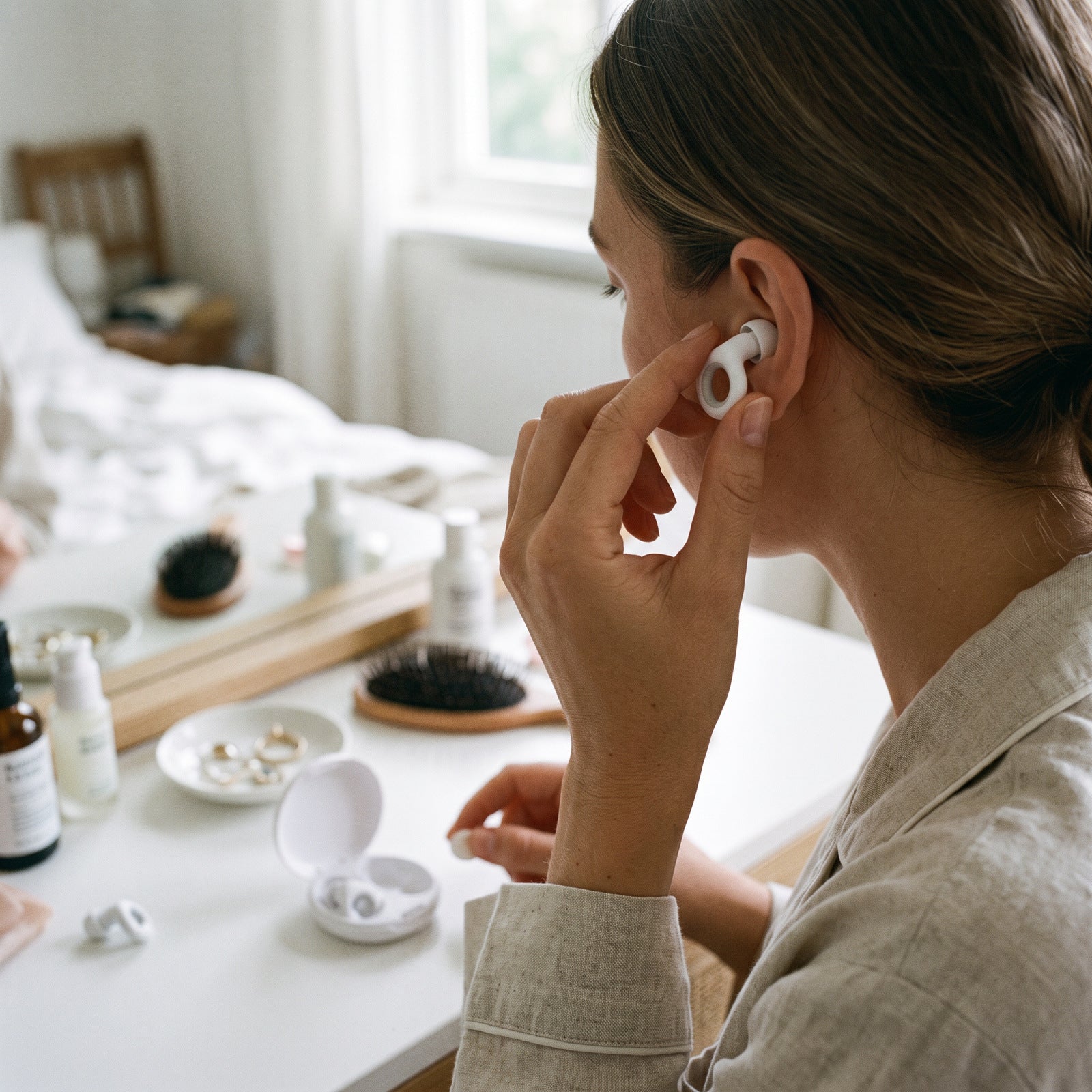 Woman removing a White Stillday earplug at her bedroom dresser