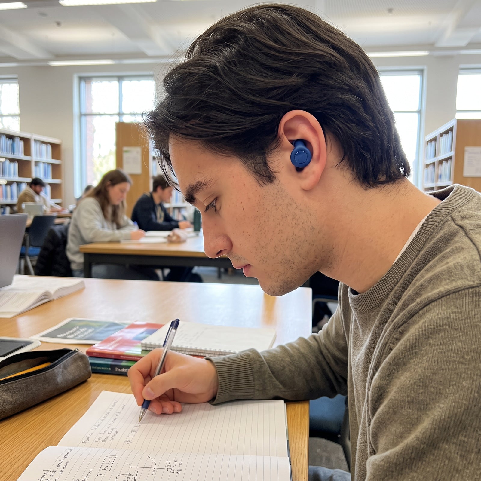 Man wearing Blue earplugs studying in a library