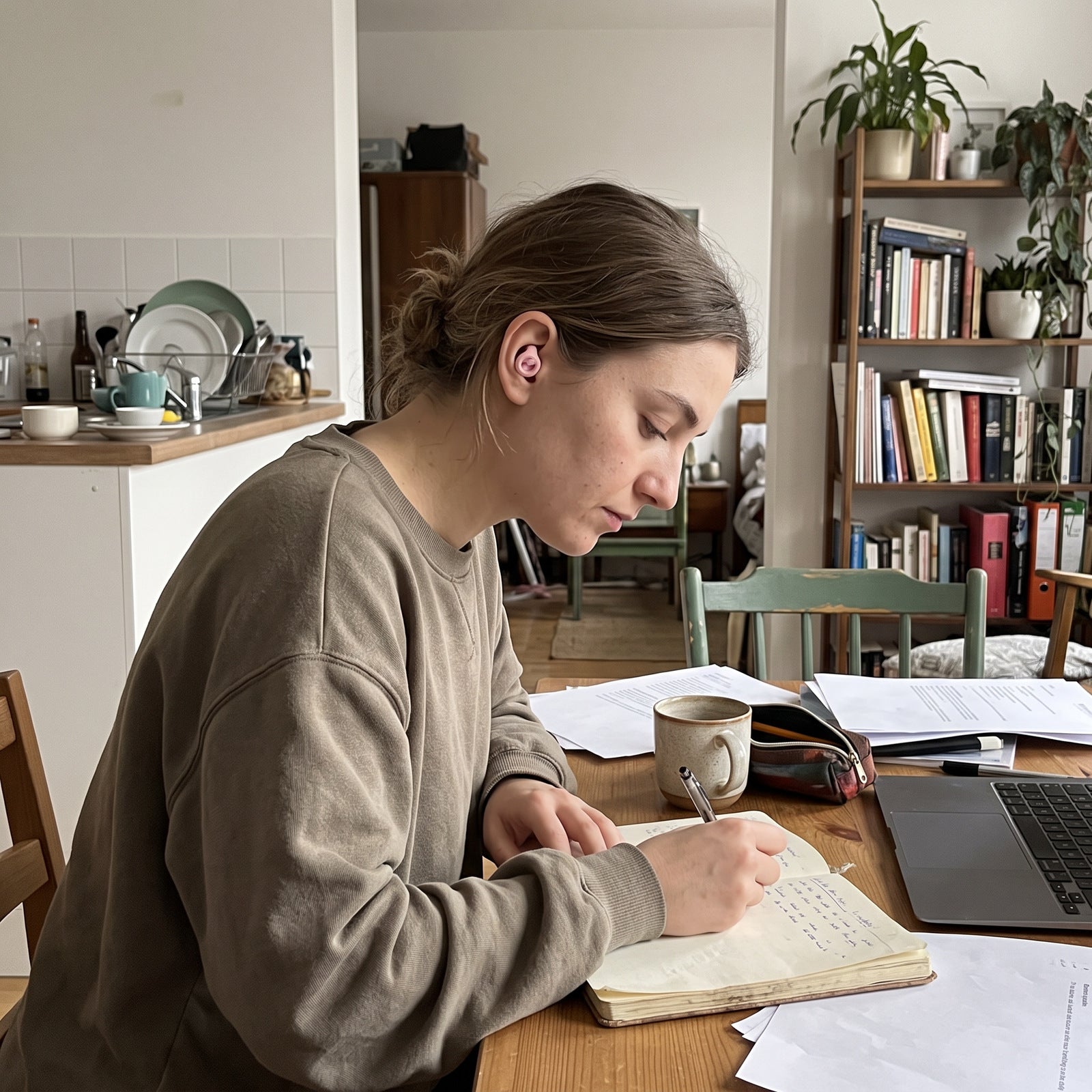 Woman wearing Pink Stillday earplugs while journaling in a shared apartment