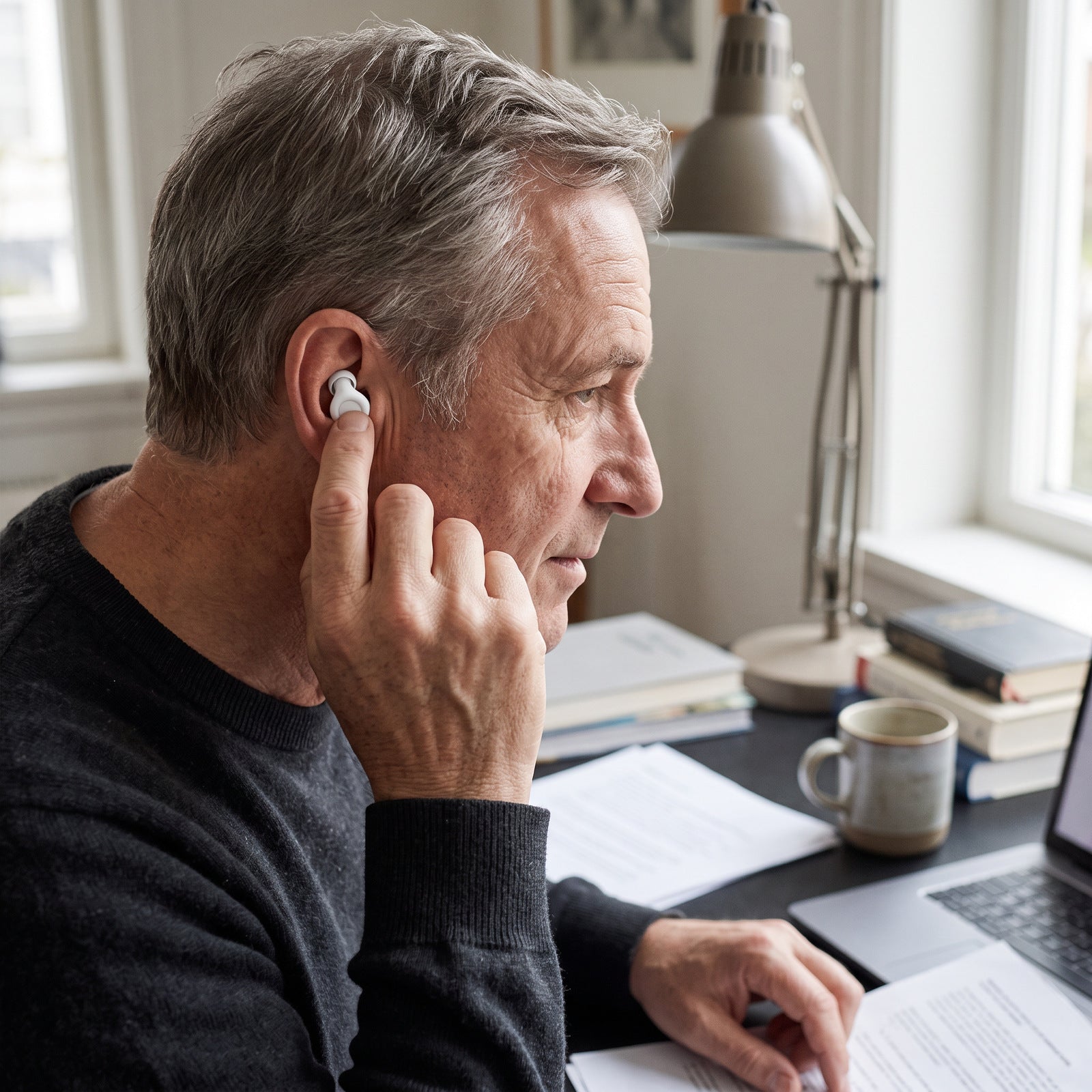 Older man fitting a White Stillday earplug at his home study desk