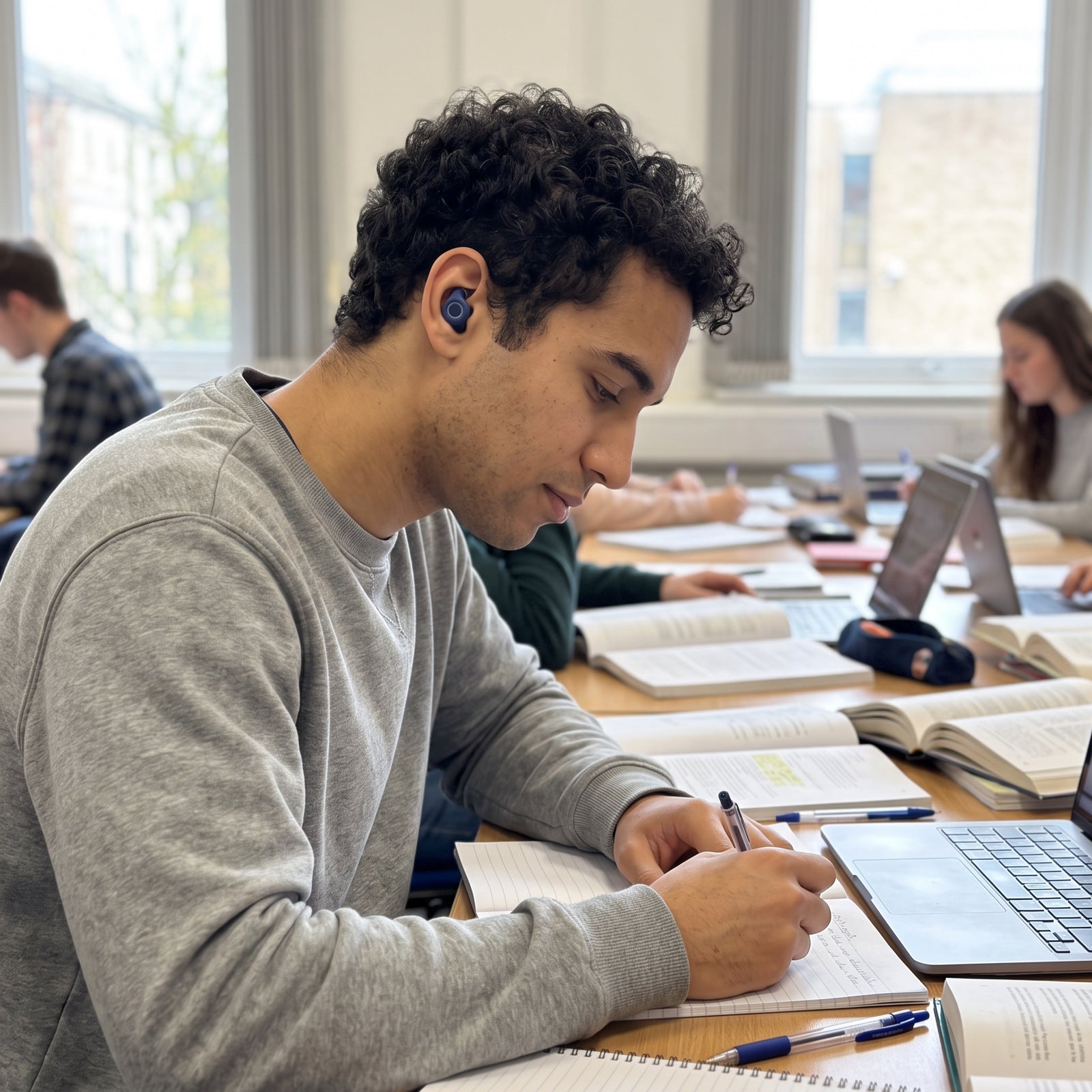 Curly-haired man wearing Blue Stillday earplugs at a university study desk