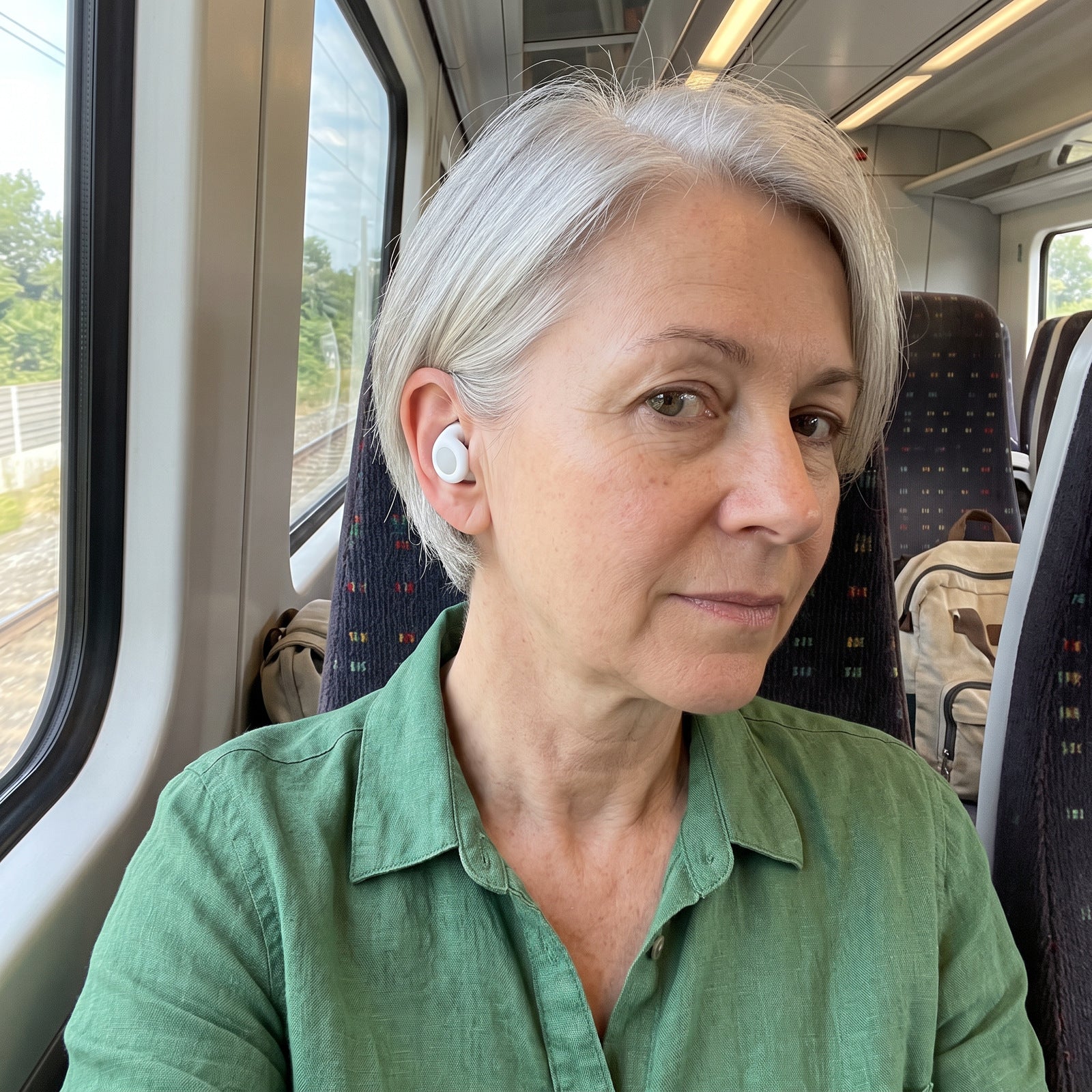 Silver-haired woman wearing White Stillday earplugs in a train selfie